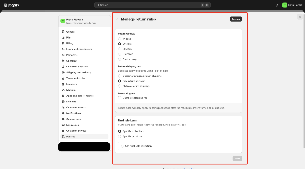 Manage shopify return rules