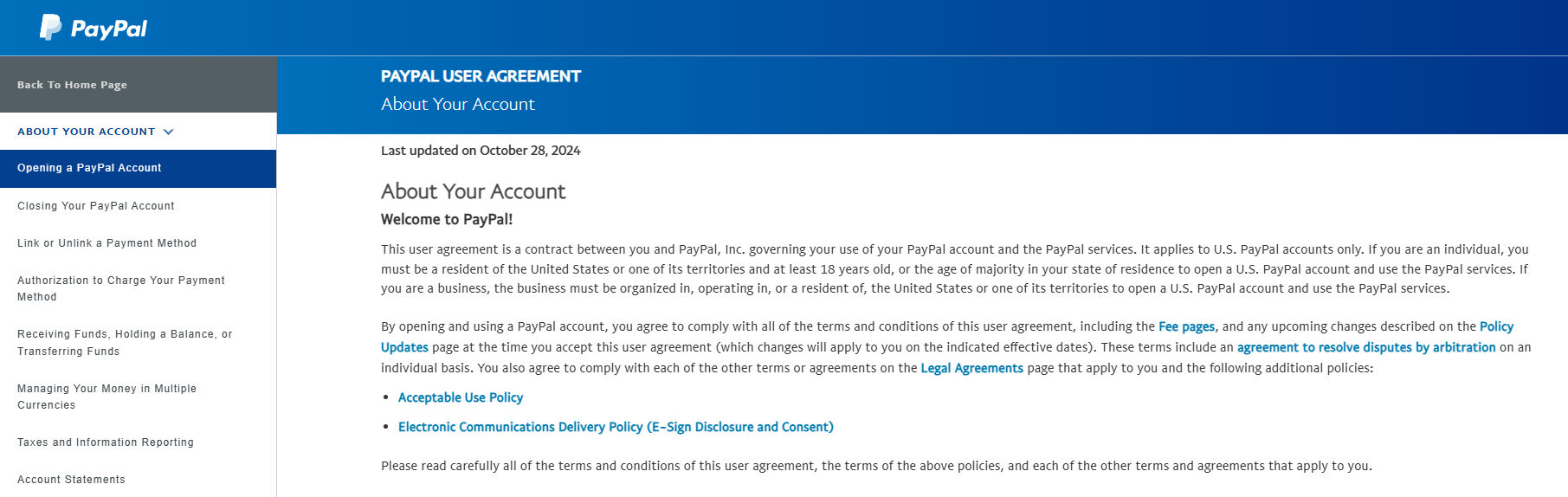 PayPal account agreement