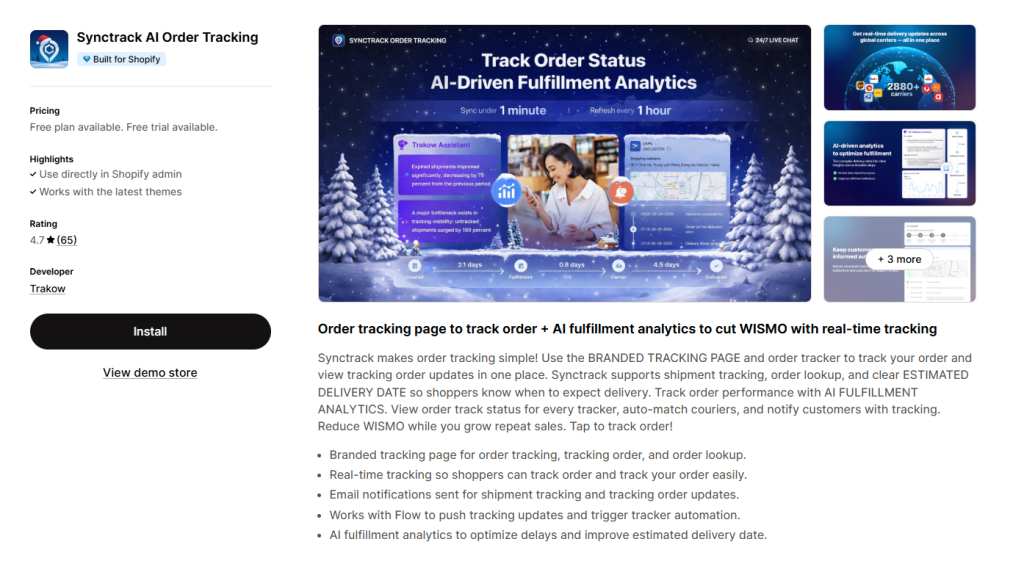 Synctrack AI Order Tracking App listing