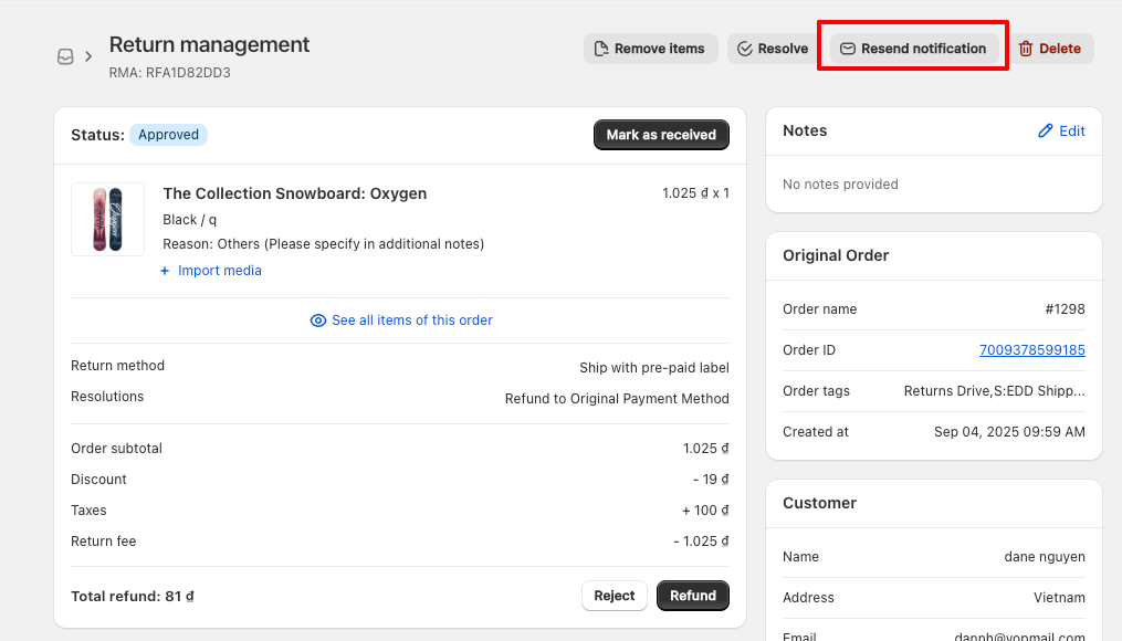 Resend notification button - Synctrack Returns