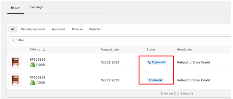 "Auto-approved" return/exchange request will have a unique badge