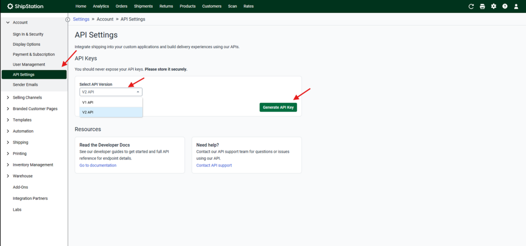 Open API settings, select V2 API version