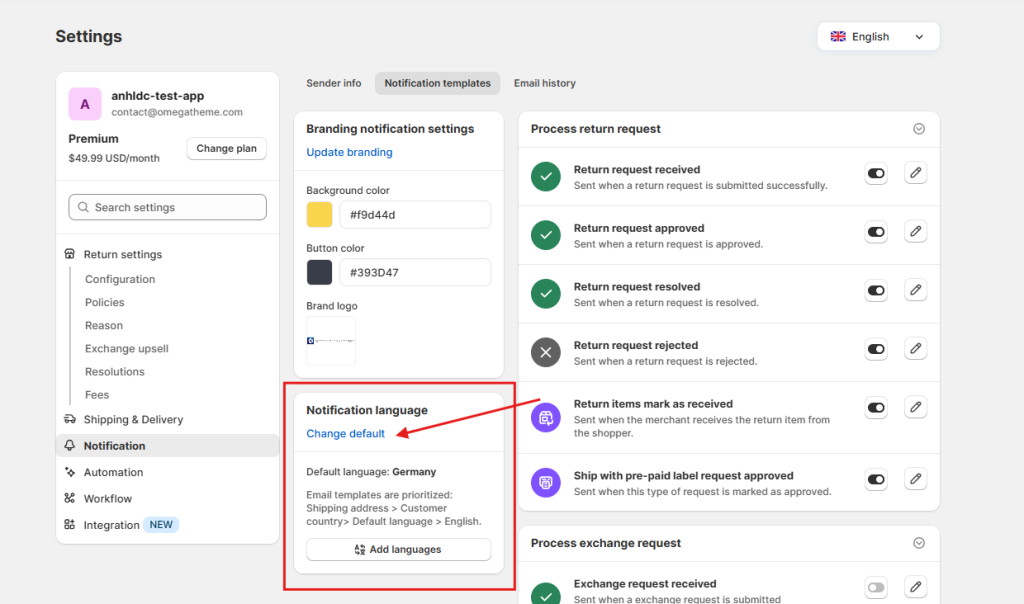 Set up Default language for Notification language
