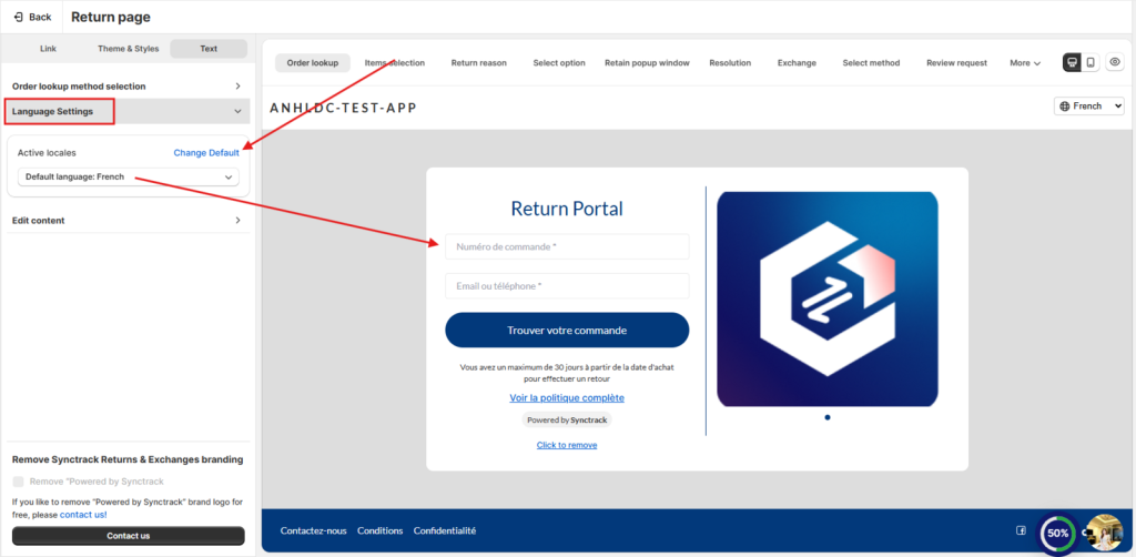 Set up return portal default language