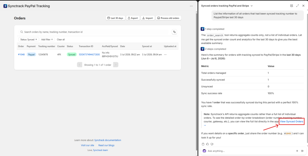Check tracking sync status with Shopify SideKick