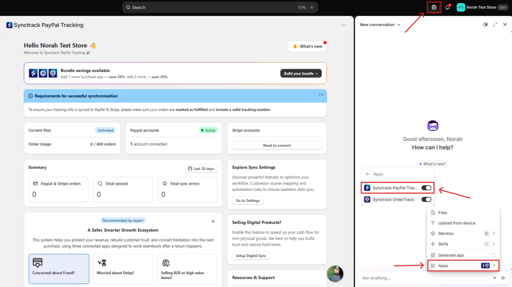 Shopify Sidekick in Synctrack PayPal
