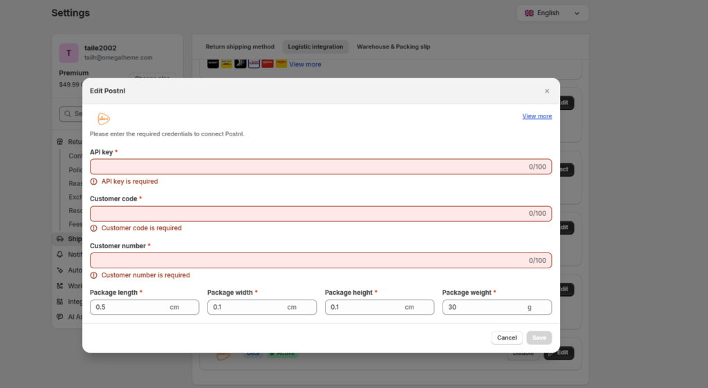 Configure PostNL in Synctrack Returns Settings