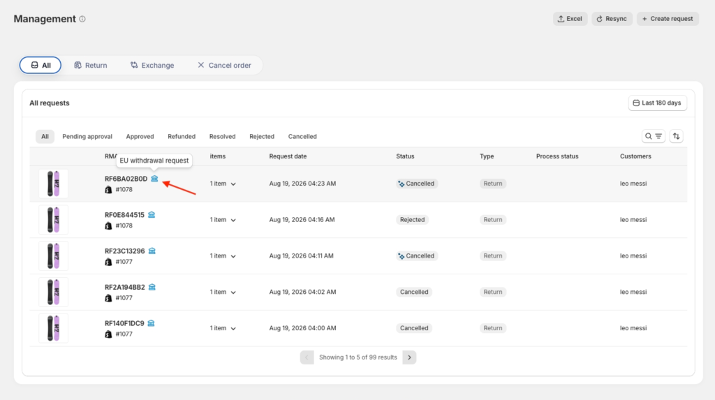 badge and filter in the Return Management dashboard