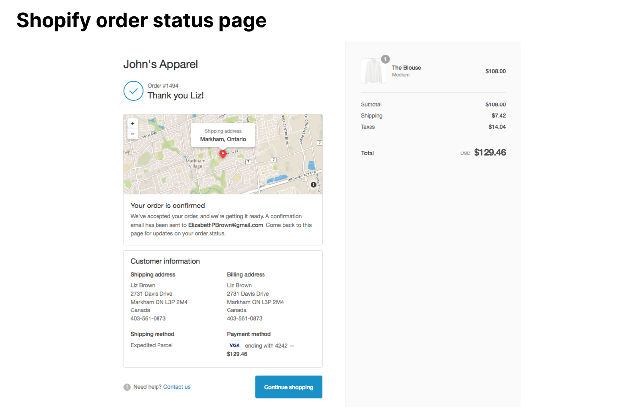 Delivery status on shopify order status page