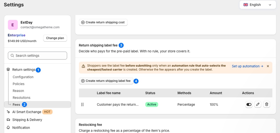 Return shipping label fee