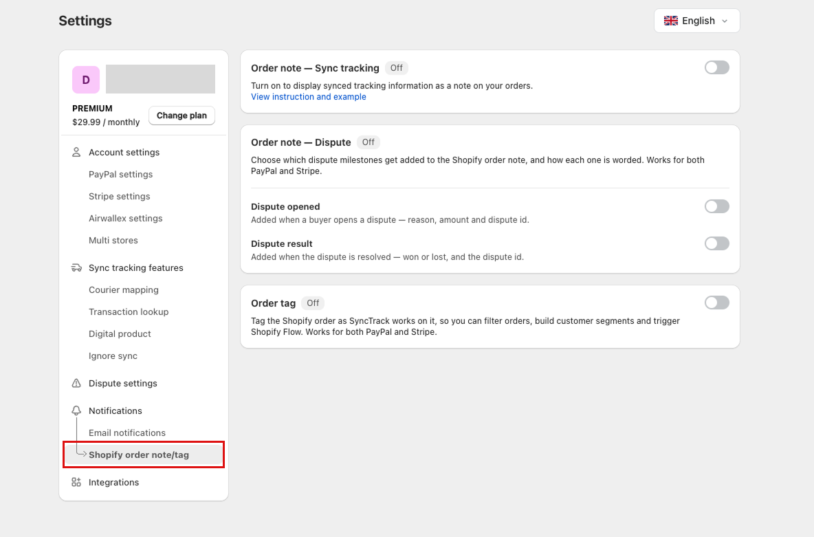 Shopify Order note tag in the Synctrack app