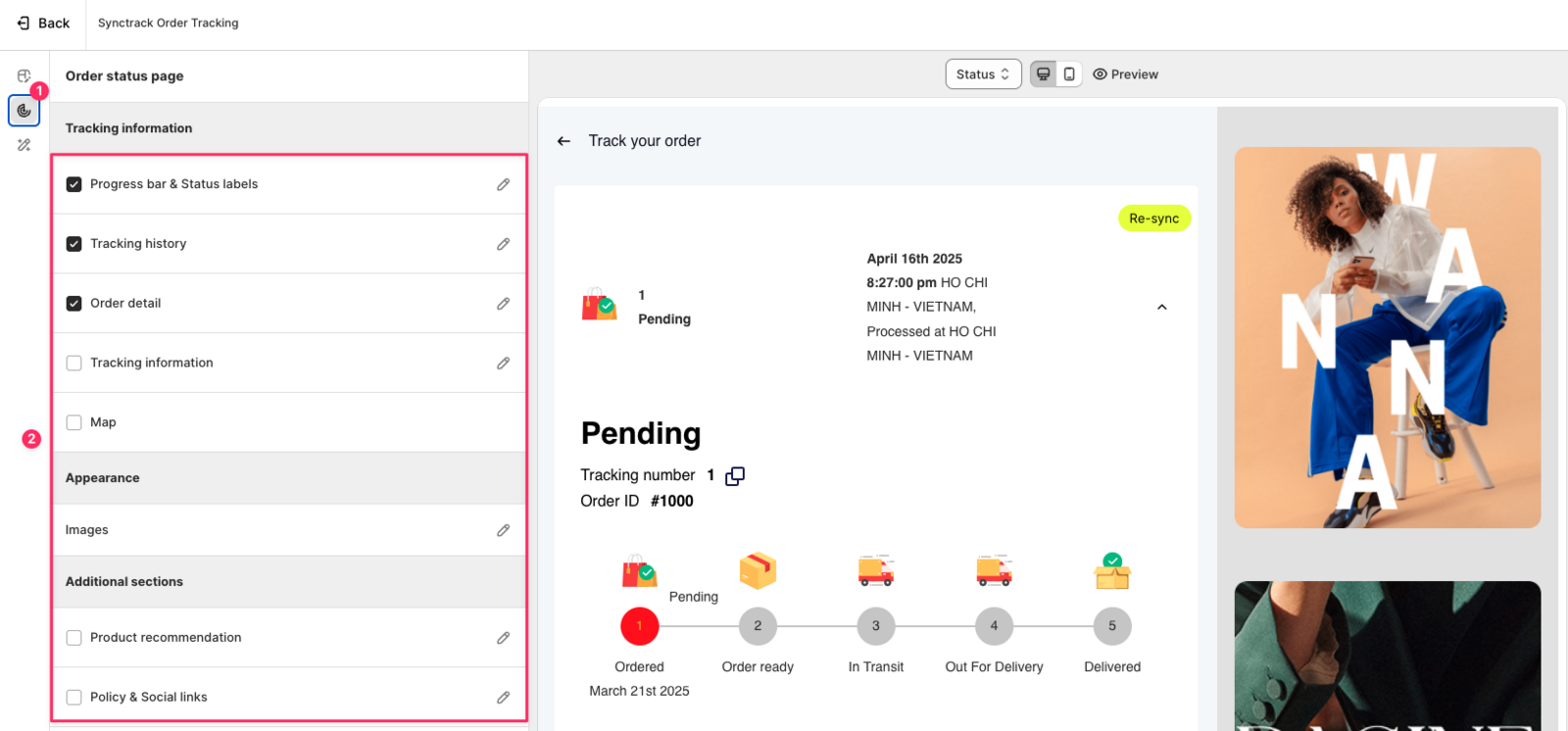customize Synctrack’s order status page