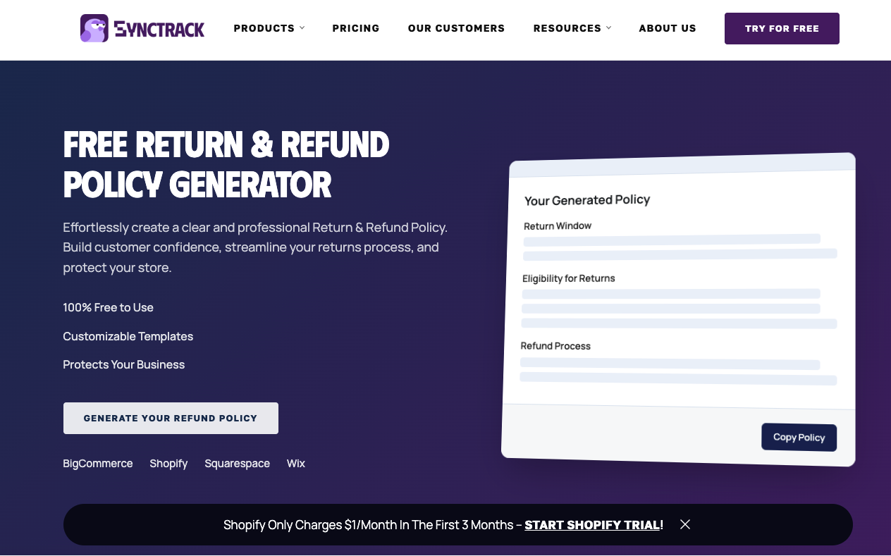 synctrack free return refund policy